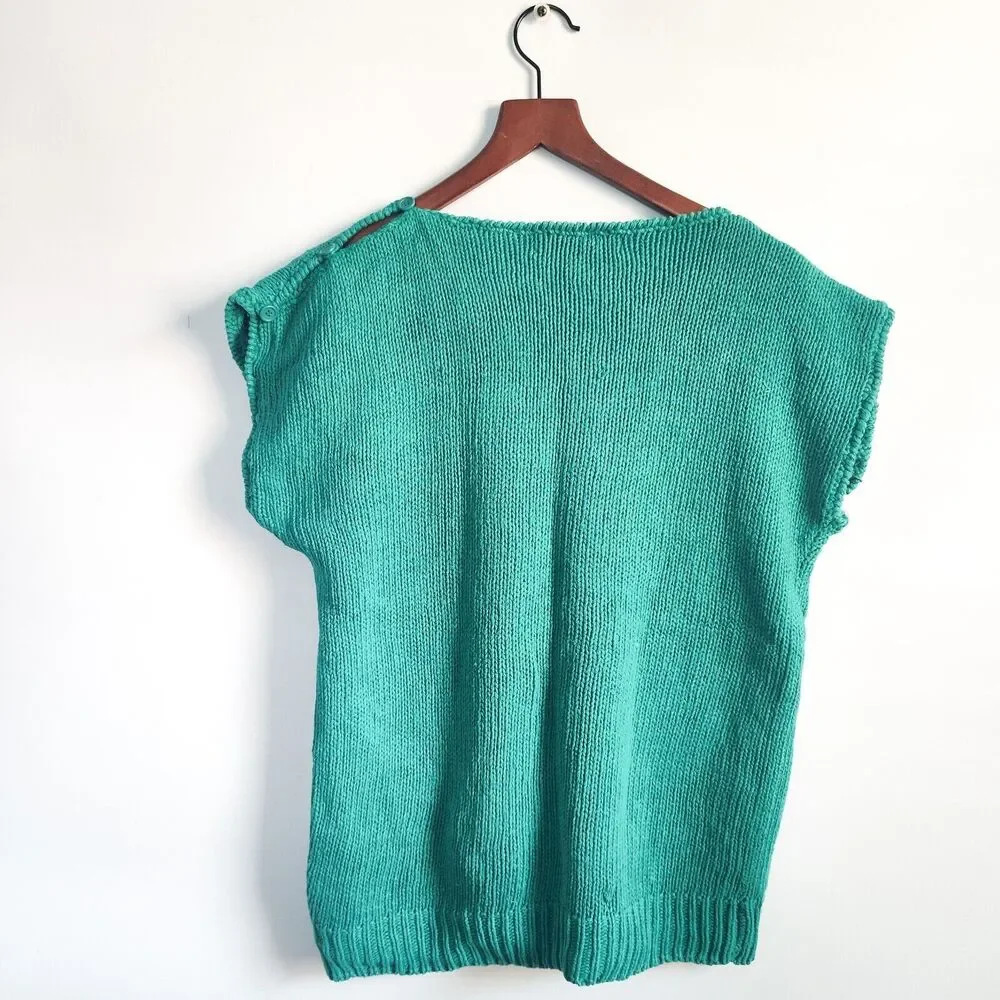 Chaus Sweater Linen Cotton 90s Medium Knit Sleeveless Floral Womens Green Vtg